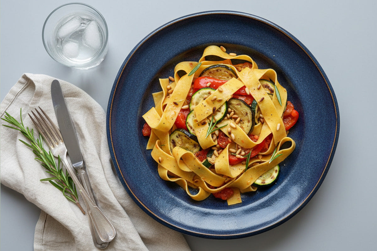 Bandnudeln mit gebratenem Gemüse auf blauem Teller neben Besteck und Glas mit Eiswürfeln