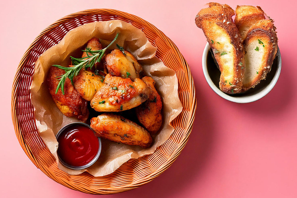 Gebackene Chicken Wings in einem Korb mit Rosmarin und Ketchup, daneben Knoblauchbrot in einer kleinen Schale auf rosa Untergrund