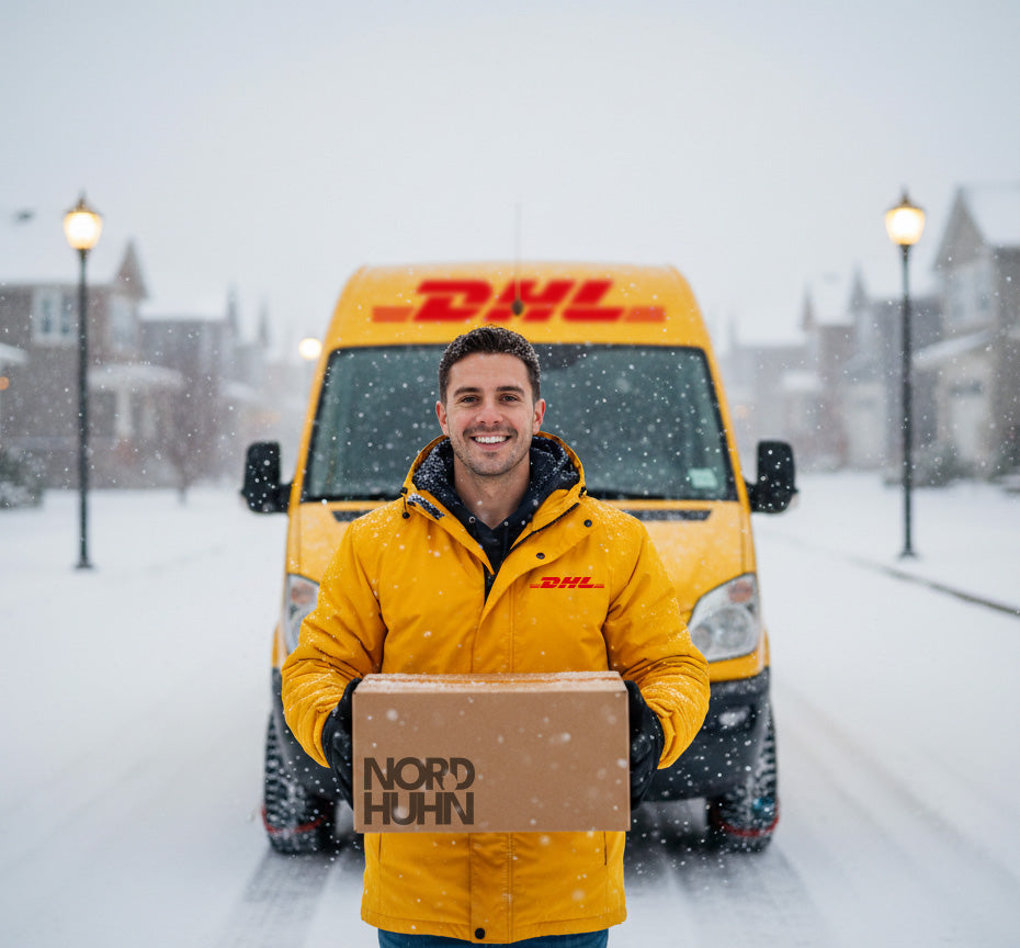 Ein DHL-Fahrer in gelber Winterjacke hält ein Paket mit der Aufschrift 'NORDHUHN' vor einem gelben DHL-Transporter im Schnee