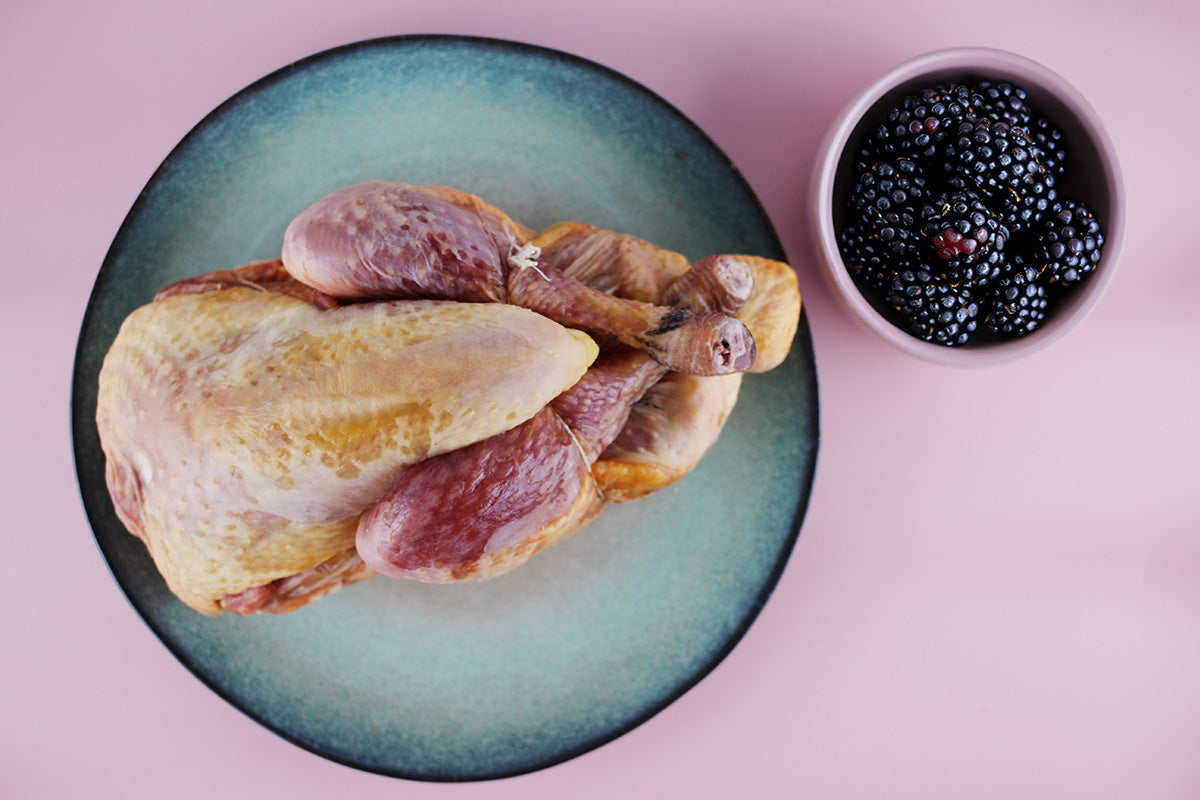 Rohes Fasanenfleisch auf blauem Teller neben einer Schale mit Brombeeren auf rosa Untergrund