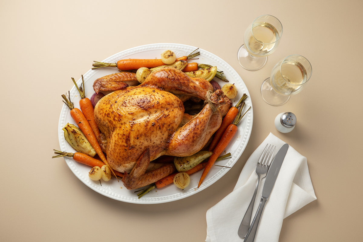 Ganze gebratene Pute auf weißem Teller, umgeben von Karotten, Zwiebeln und Kartoffeln, daneben zwei Gläser Weißwein und Besteck auf weißer Serviette.