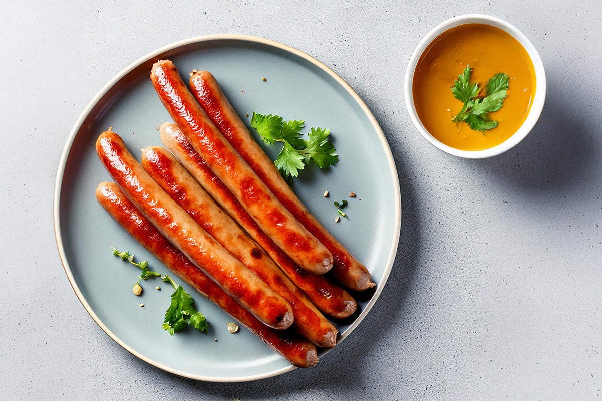 Sechs gebratene Geflügelbratwürstchen auf einem grauen Teller mit Petersilienblättern, daneben eine Schale mit gelber Sauce, ebenfalls mit Petersilie garniert