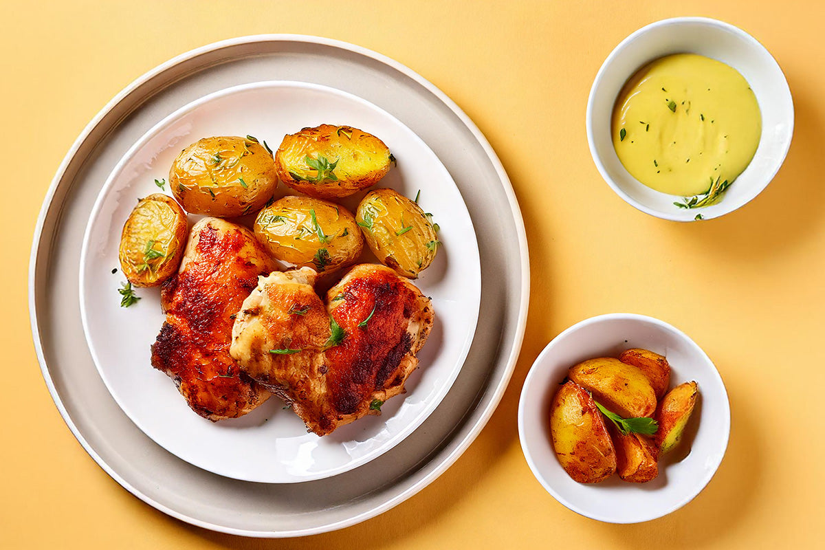 Gegrillte Hähnchensteaks mit gebackenen Kartoffeln auf weißem Teller, dazu Schälchen mit Senfsauce und gebackenen Kartoffelspalten