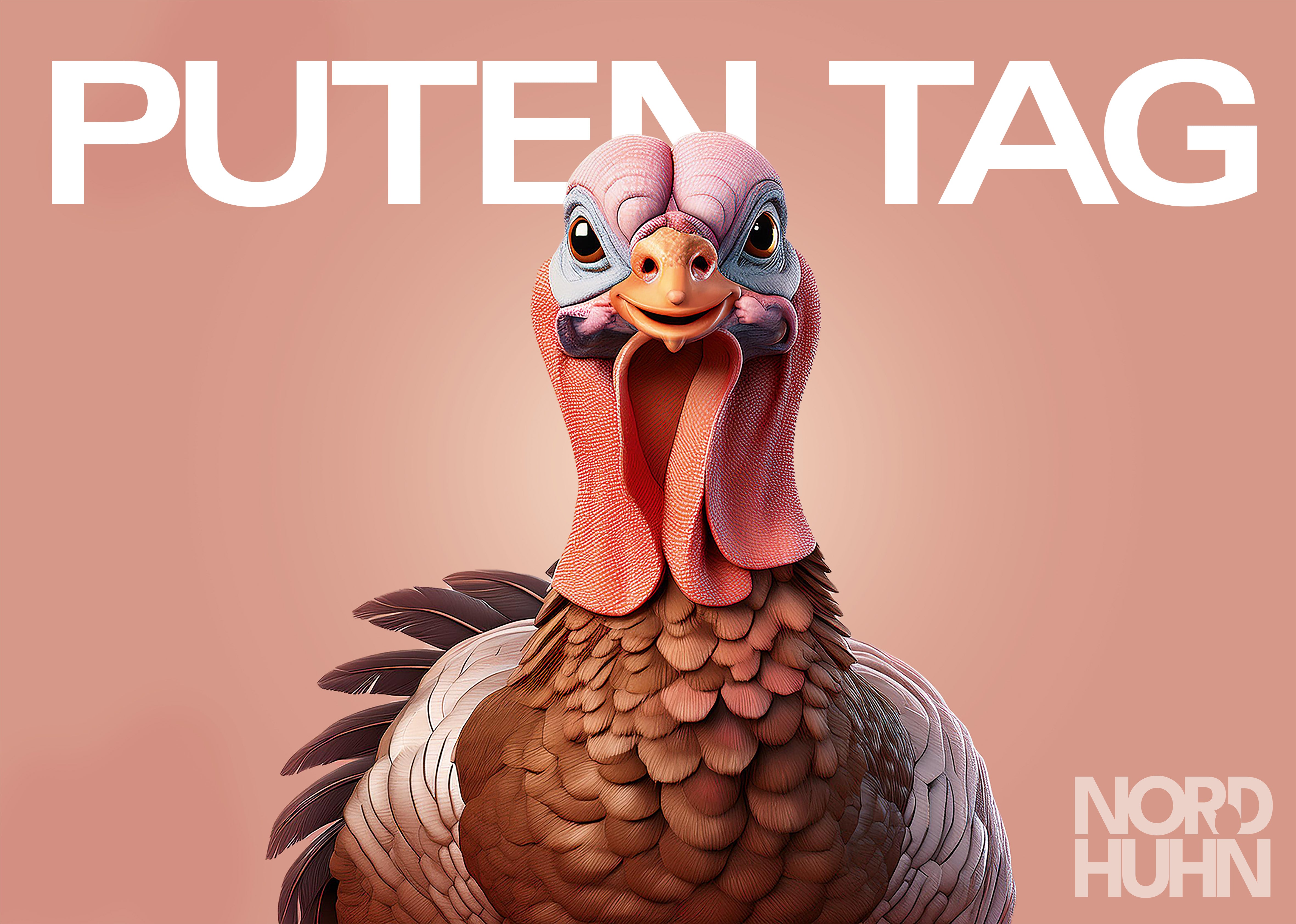 Nahaufnahme eines lebensechten Truthahns vor rosa Hintergrund mit dem Text 'PUTEN TAG' und Logo 'NORDHUHN'