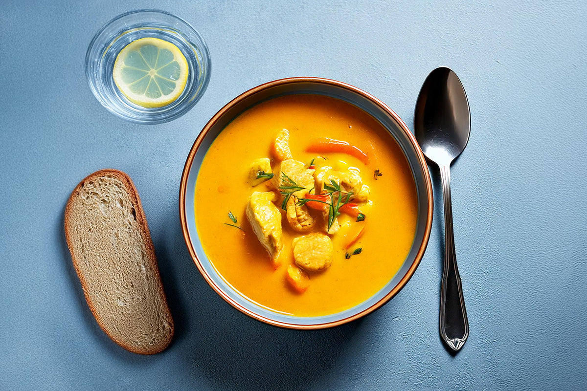 Schüssel mit Hähnchen-Curry-Suppe, garniert mit Kräutern, daneben ein Stück Vollkornbrot, ein Glas Wasser mit Zitronenscheibe und ein Löffel auf blauem Untergrund
