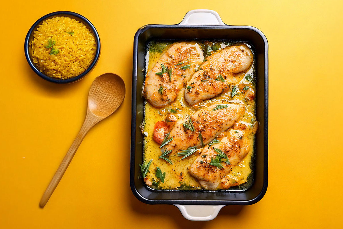 Auflaufform mit gebratenen Hähnchenbrustfilets in gelber Currysauce, garniert mit frischen Kräutern, daneben Schüssel mit gelbem Reis und Holzlöffel auf gelbem Untergrund