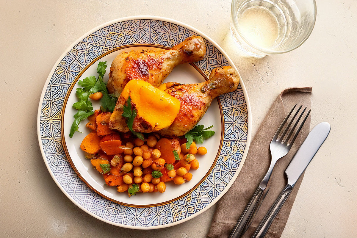 Zwei gebratene Hähnchenschenkel mit Kichererbsen, Karotten und gelber Paprika auf einem gemusterten Teller, daneben Besteck und ein Glas Wasser
