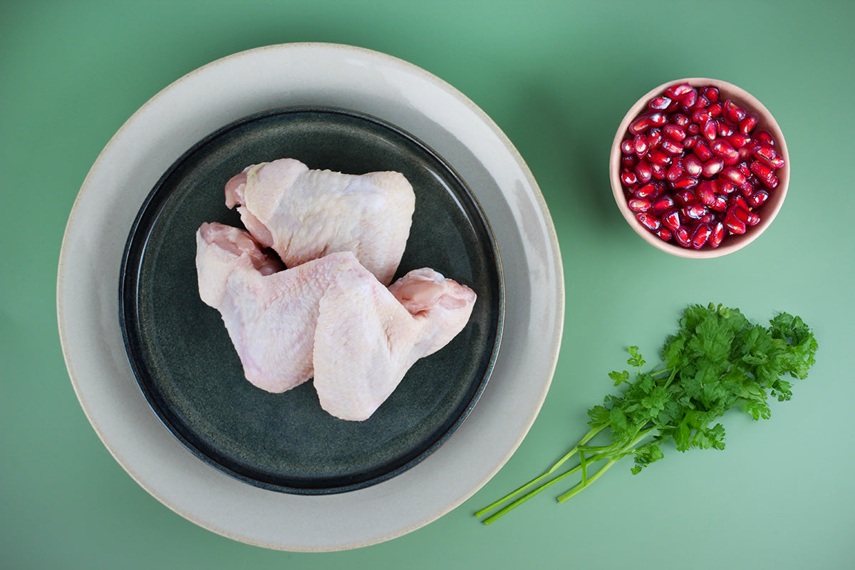 Rohe Hähnchenflügel auf einem dunklen Teller, mit einer Schale Granatapfelkernen und frischem Koriander auf grünem Hintergrund.