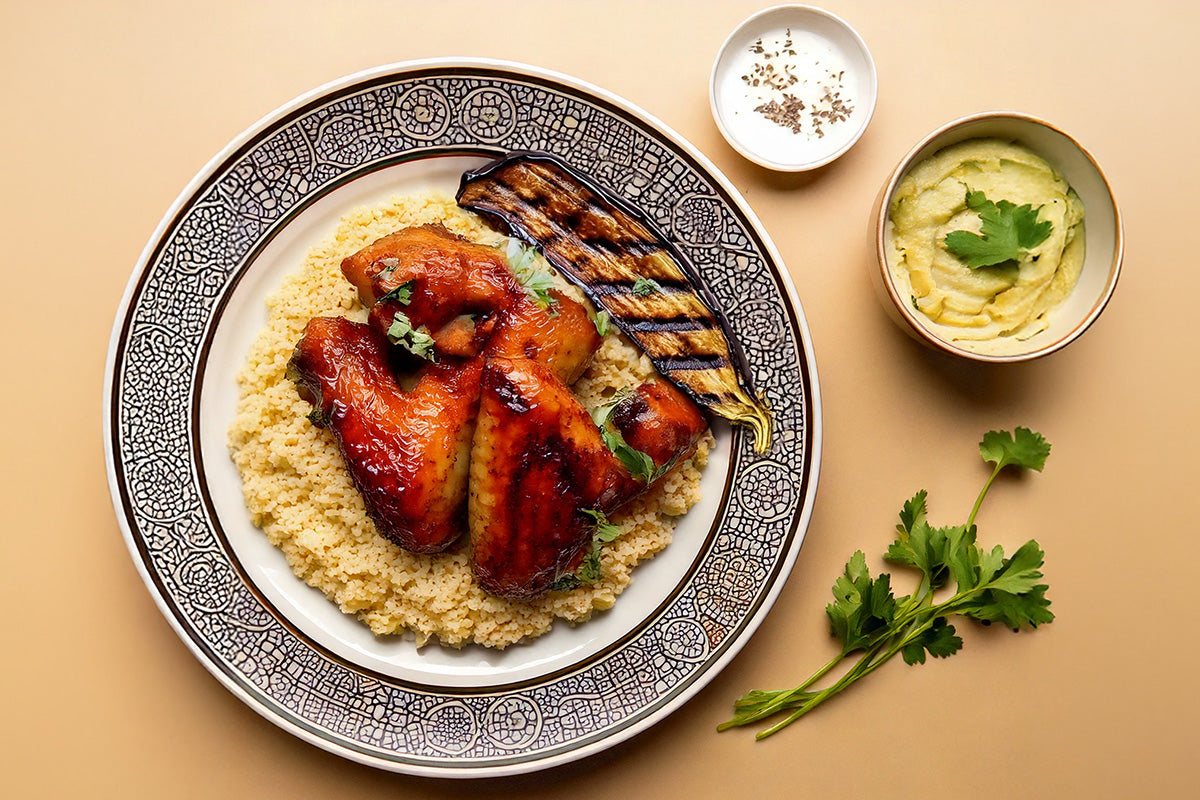 Zwei Hähnchenflügel auf Couscous mit einer gegrillten Scheibe Aubergine auf gemusterten Teller. Daneben ein Schale Kartoffelpüree und eine Schale Joghurt. Daneben ein bisschen MInze