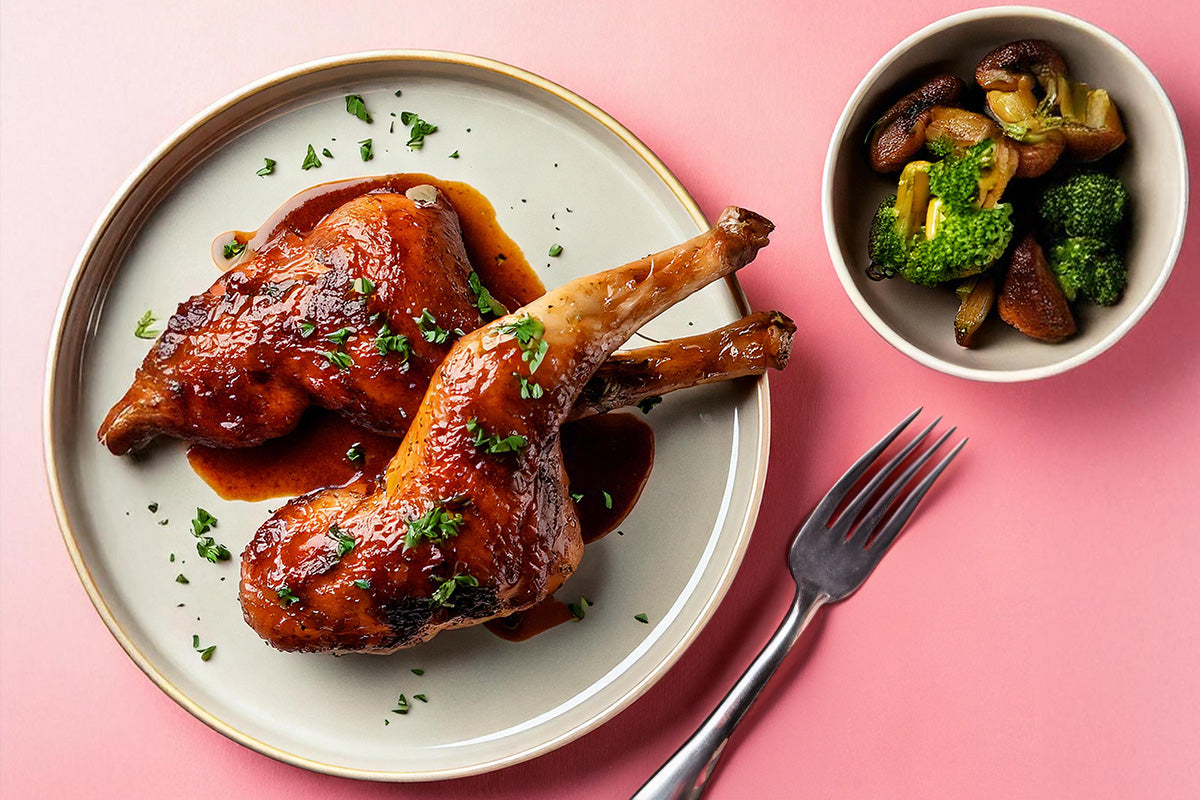 Zwei gebratene Kaninchenvorderläufe mit brauner Sauce und Petersilie auf weißem Teller, daneben Schüssel mit Pilzen und Brokkoli, Gabel auf rosa Untergrund