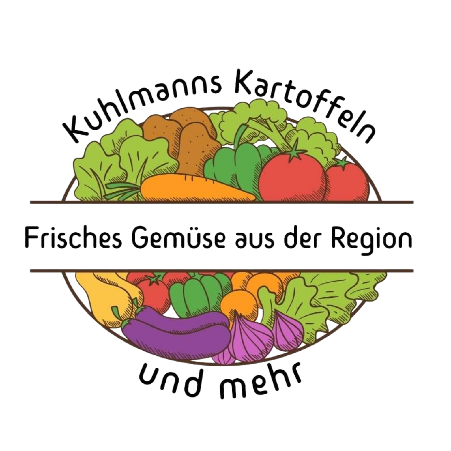 Bunte Illustration von Kartoffeln, Tomaten, Karotten, Auberginen, Paprika und Salat mit dem Text 'Kuhlmanns Kartoffeln, Frisches Gemüse aus der Region und mehr'