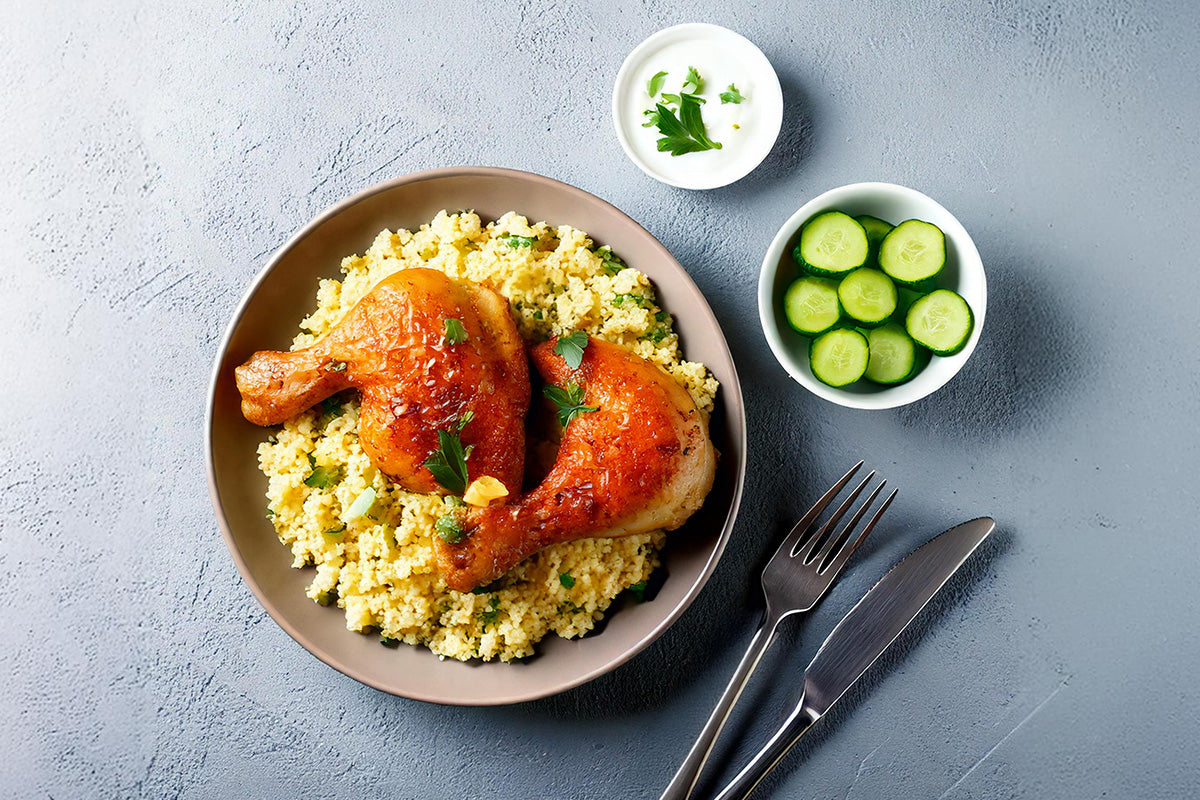 Zwei gebratene Hähnchenschenkel auf Couscous-Salat mit Kräutern, daneben Schälchen mit Joghurt und Gurkenscheiben, Besteck auf grauem Untergrund