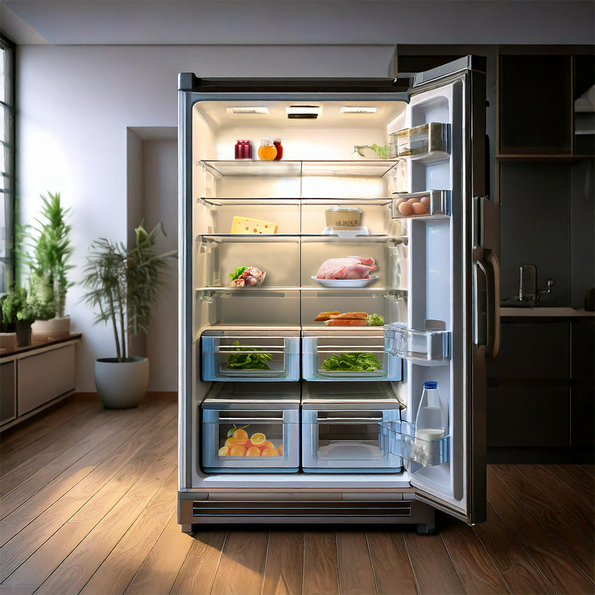 Offener Kühlschrank mit verschiedenen Lebensmitteln wie Marmelade, Käse, Eiern, frischem Huhn, Karotten, Salat und Orangen in einer modernen Küche