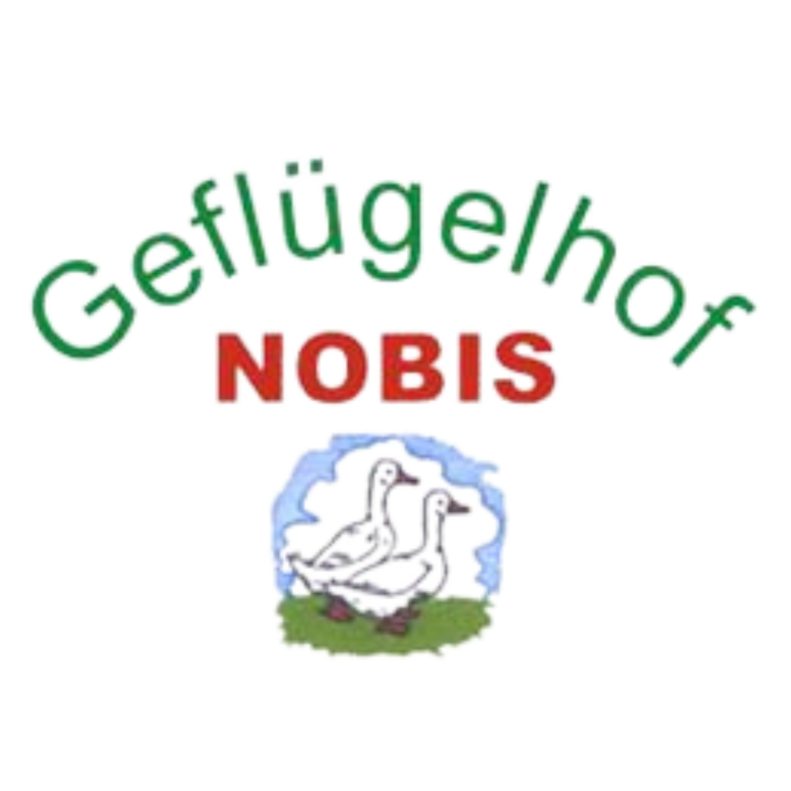 Logo Geflügelhof Nobis mit grünem Schriftzug, rotem 'NOBIS' und zwei schwarzen Enten auf grünem Gras vor blauem Himmel