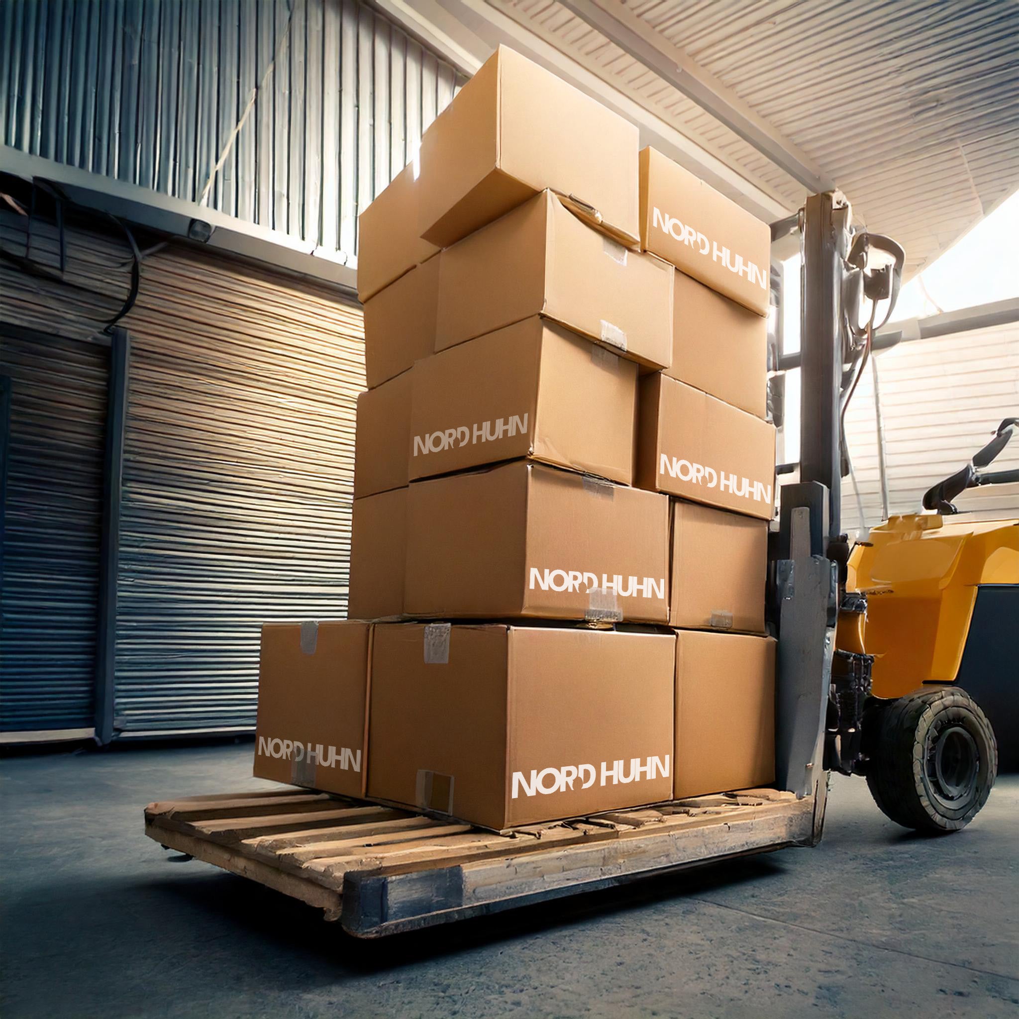 Stapeln von braunen Kartons mit Aufdruck 'NORDHUHN' auf einer Palette, die von einem gelben Gabelstapler in einem Lager transportiert wird