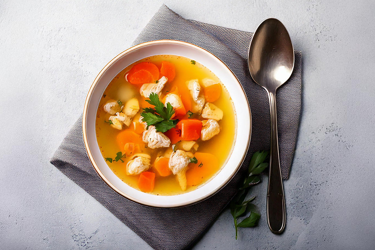 Schale mit klarer Hühnersuppe mit Karotten, Hühnerfleischstücken und Petersilie, daneben ein Löffel auf grauem Stoff