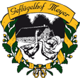 Logo Geflügelhof Meyer mit zwei Hühnern, gelbem Banner und grünem Eichenlaub
