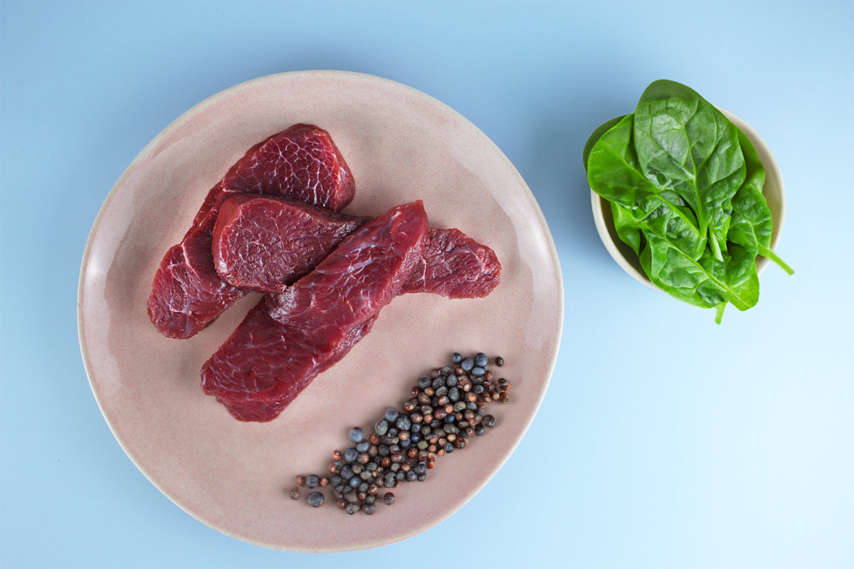 Drei rohe Straußenfleisch-Medaillons auf einem hellen Teller, daneben eine grober schwarze Pfefferkörnern, daneben eine Schale mit frischen Spinatblättern.