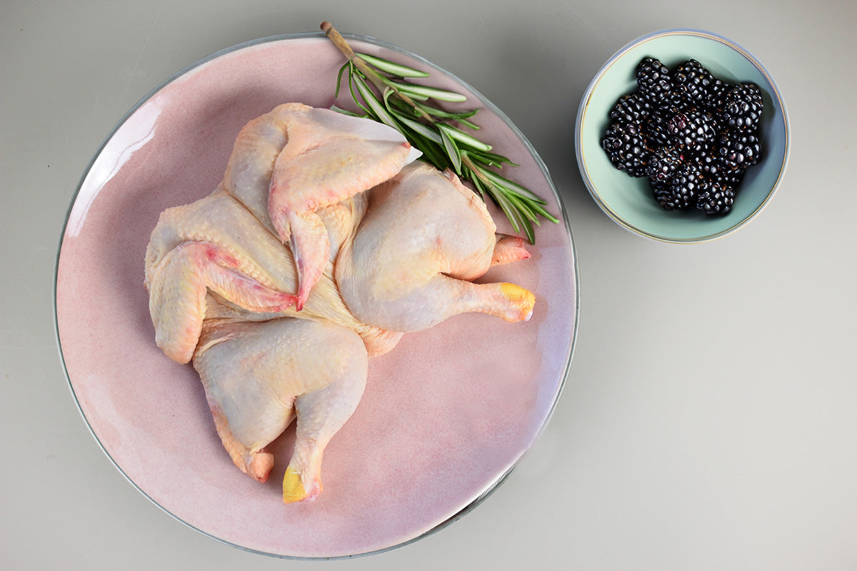 Gespreiztes rohes Stubenküken auf rosa Teller mit Rosmarinzweig, daneben kleine Schale mit Brombeeren