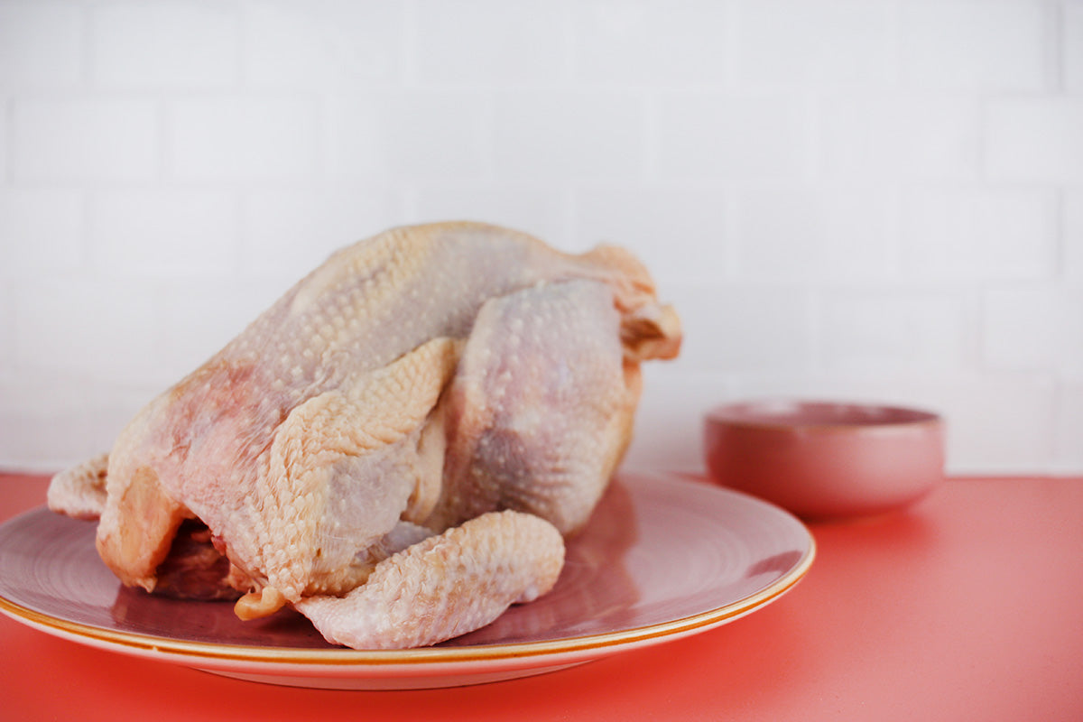 Ganzes rohes Suppenhuhn auf einem rosa Teller vor weißer Kachelwand und rotem Untergrund