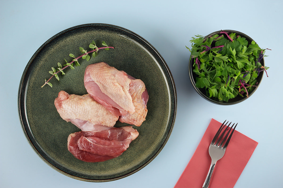 Vier rohe Wachtelbrustfilets auf grünem Teller mit einem Zweig Thymian, daneben Schüssel mit frischen Kräutern und Gabel auf rotem Serviette