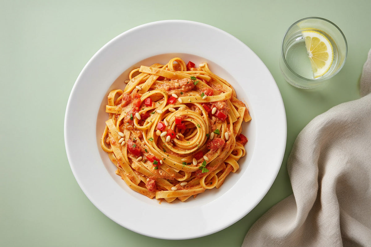 Teller mit Walznudeln in Paprikasauce garniert mit kleinen Paprikastücken und Kräutern neben Glas mit Zitronenscheibe und hellgrauem Stoff