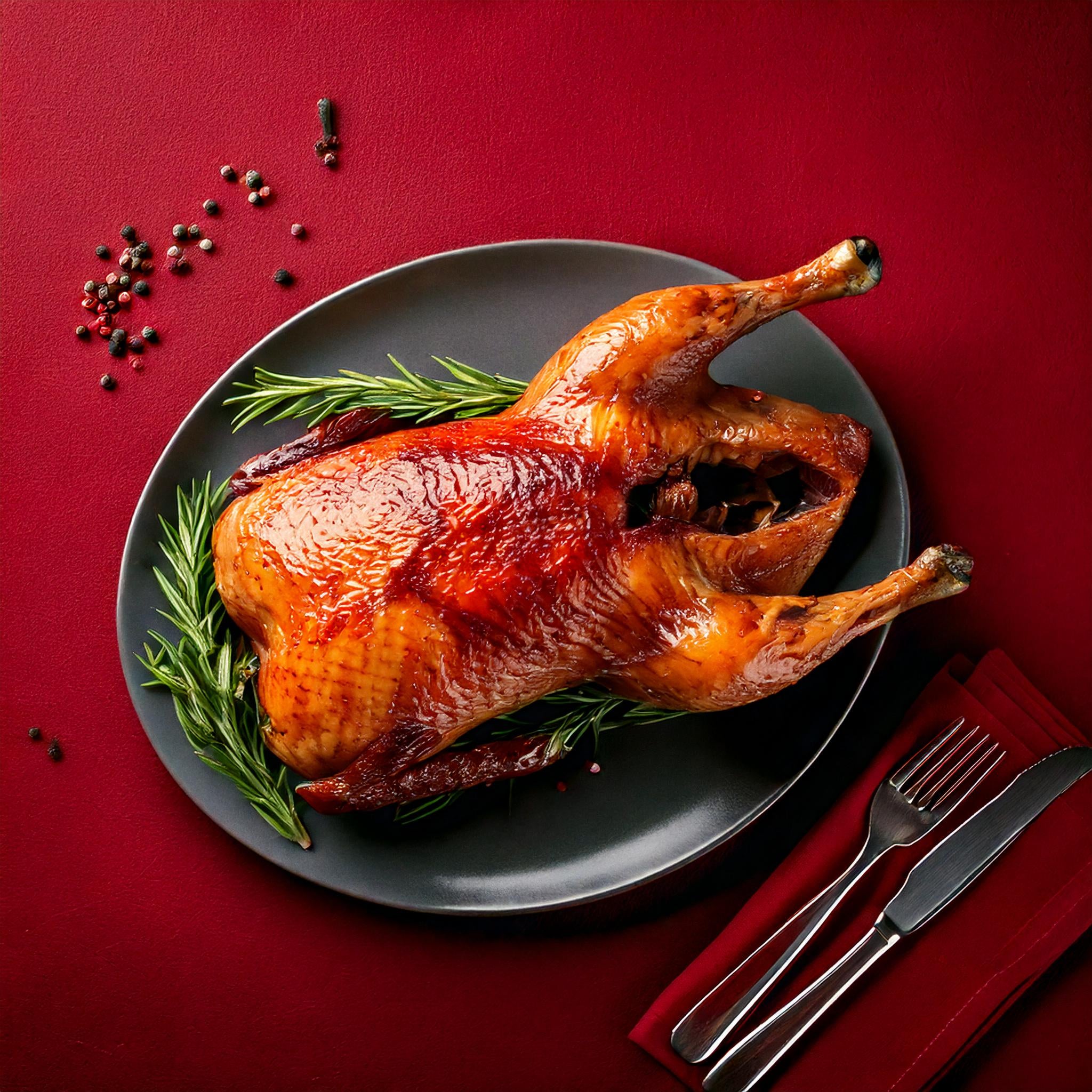 Knusprig gebratene Weihnachtsgans auf grauem Teller mit Rosmarinzweigen, daneben Besteck auf rotem Stoffserviette