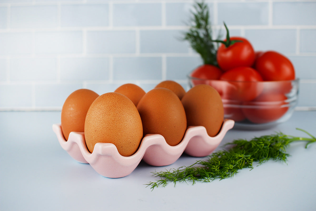 Sechs braune Eier in einem rosa Eierhalter, daneben eine Glasschale mit roten Tomaten und frischem Dill auf weißer Oberfläche