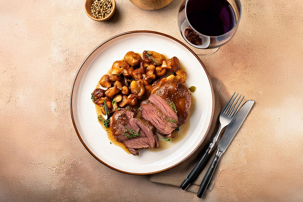 Wildschweinrücken in Scheiben mit Pfifferlingen und brauner Sauce auf weißem Teller, daneben Besteck und Glas Rotwein