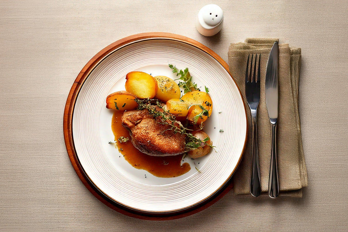 Gegrillte Wildtaube mit Bratkartoffeln und Thymian auf weißem Teller, daneben Messer und Gabel auf braunem Stoffserviette