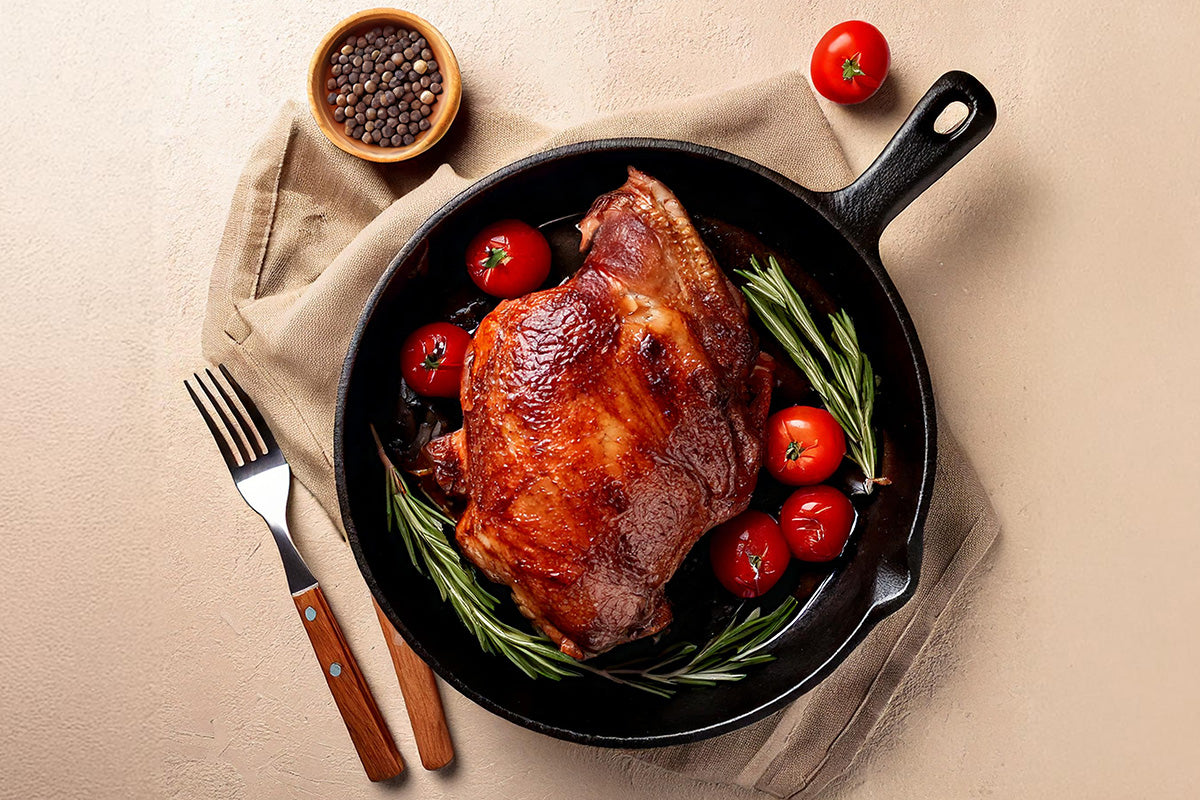 Gebackene Lammkeule in einer schwarzen Pfanne mit Rosmarinzweigen und Kirschtomaten, daneben eine Gabel, ein Messer und eine Schale mit Pfefferkörnern
