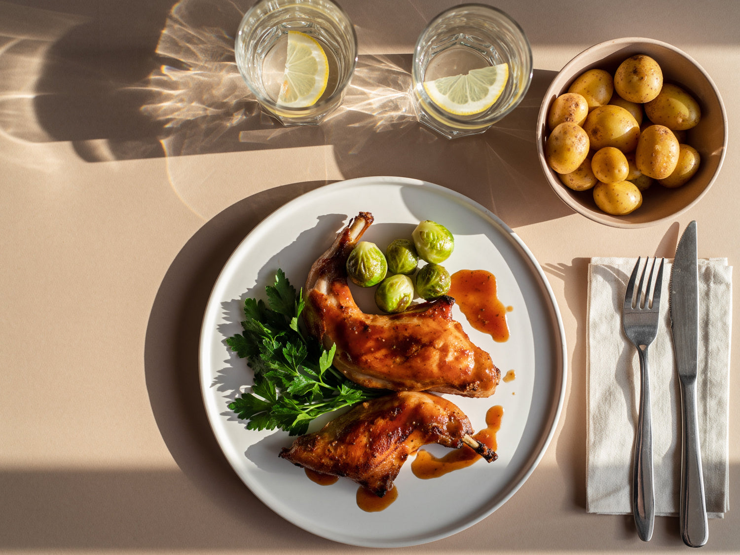 Hasenkeulen mit Rosenkohl aus dem Ofen