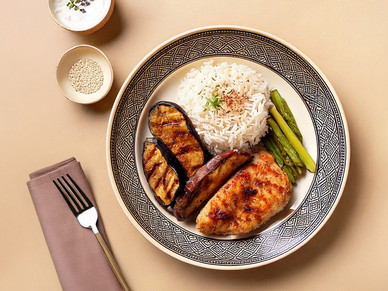 Kikok vom Grill mit orientalischer Beilage