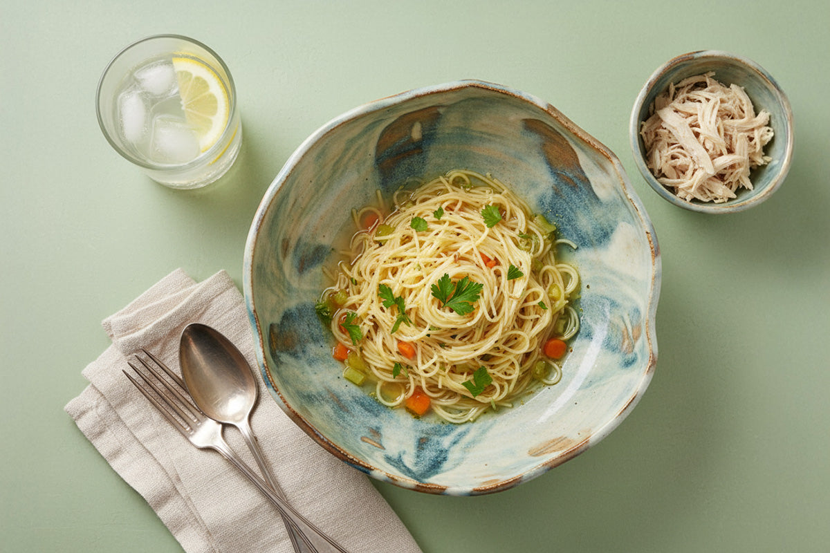 Schüssel mit Fadennudeln in klarer Hühnersuppe garniert mit Petersilie, daneben kleine Schale mit zerkleinertem Hühnerfleisch, Besteck auf Stoffserviette und Glas mit Zitronenscheibe und Eiswürfeln auf grünem Untergrund