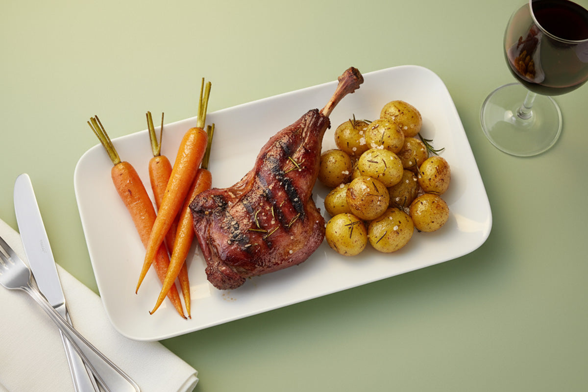 Gebratene Hasenkeule mit kleinen Kartoffeln und drei glasierten Karotten auf rechteckigem weißen Teller, daneben ein Glas Rotwein.