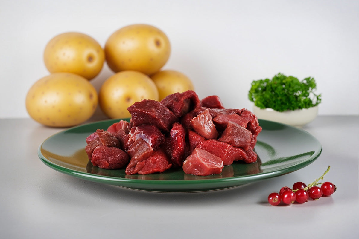 Rohes in Würfel geschnittenes Hirschfleisch auf grünem Teller mit roter Johannisbeere, vier Kartoffeln und kleinem Schälchen mit gehackter Petersilie im Hintergrund
