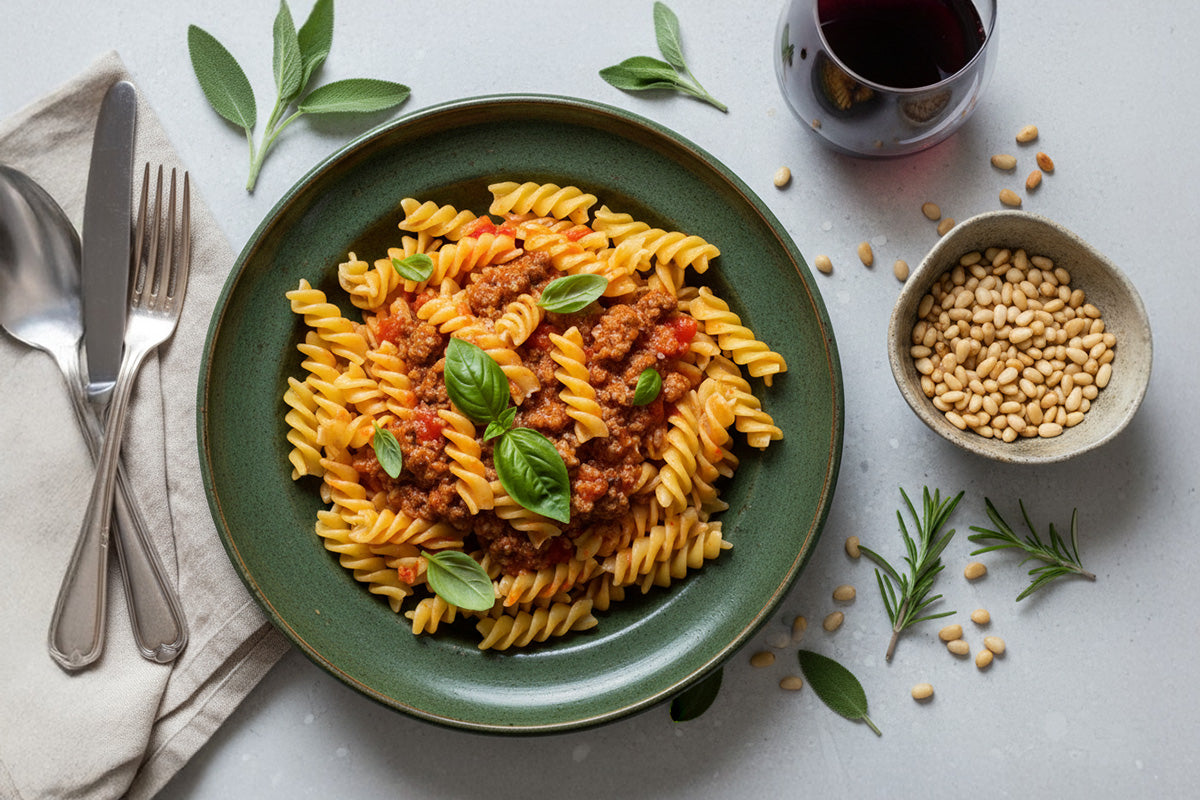 Teller mit Spiralnudeln und Bolognese-Sauce garniert mit frischen Basilikumblättern, daneben Besteck auf Stoffserviette, Schale mit Pinienkernen, Glas Rotwein und frische Kräuter auf hellem Untergrund